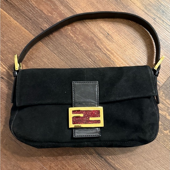 Fendi Handbags - Fendi Black Suede Shoulder Bag with Gold & Red Logo Plaque